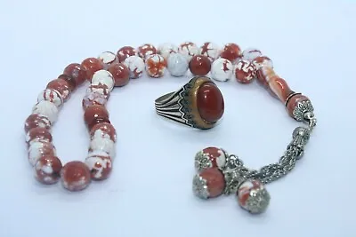 Islamic Collection Yemeni Agate Aqeeq Silve Men Ring  Masbaha 33 Prayer Beads • $178.50