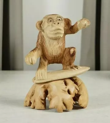 Surfing Monkey Sculpture Animal Ocean Carving Wooden Base  Gift For Surfer • $99.90