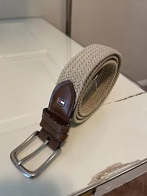 Tommy Hilfiger Stretch Belt 32-34 S Braided Rope Leather Trim Brown Khaki • $14.95