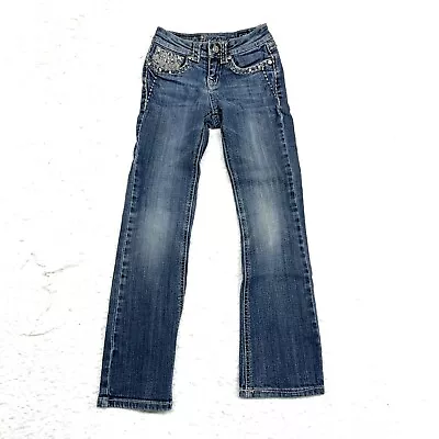 LA Idol Rhinestone Bling Slim Boot Jeans Girls 7 Blue Stretch Denim Embroidered • $14.99