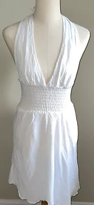 Elan Womens Beach Cover Up Sun Dress Sz Medium Cotton See Tru Deep V Halter • $15.95