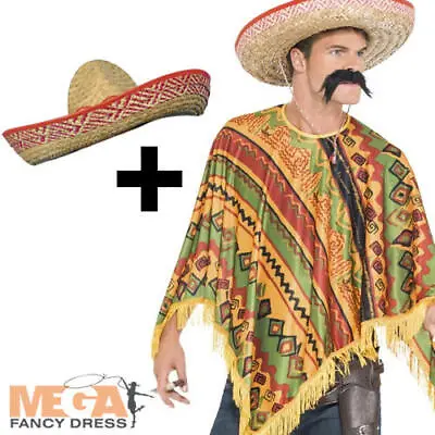 Mexican Poncho + Moustache + Sombrero Adults Fancy Dress Bandit Adults Costume • £17.99