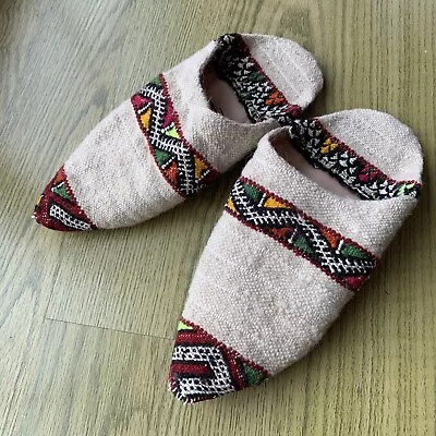 Moroccan Kilim Slippers Size L Verve Culture Artisan Knit Wool/Leather Sole • $26.99