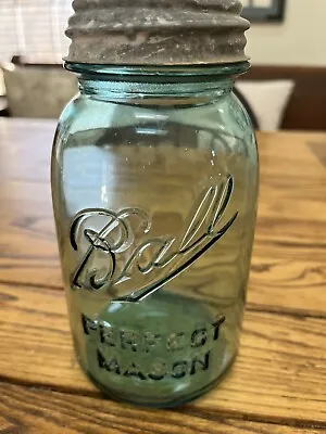 Ball Jar Perfect Mason Quart Jar  Vintage Aqua Blue With Zinc Lid • $8