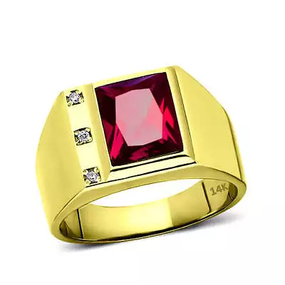 Mens Fine Solid 14K Yellow Gold Diamond Ring With Red Ruby • $899