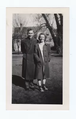 Vintage Photo College Sweethearts Couple Big Smiles Stylish Coats Saddle Shoes • $6.47