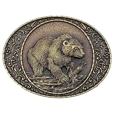 Men Antique BRONZE Metal Belt Buckle Bear Hunting Salmon • $9