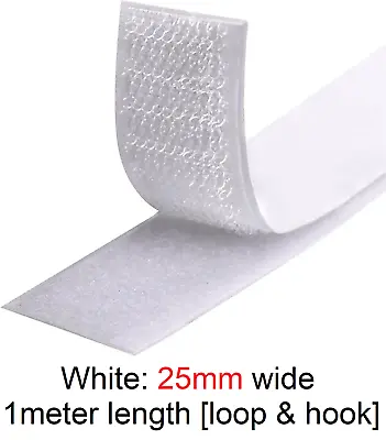 VELCRO SELF ADHESIVE Stick On Tape HOOK & LOOP Sticky Strips - White 25mm X 1m • £3.99