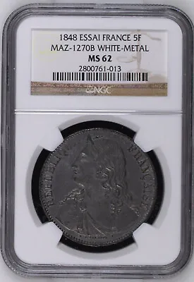 France 5 Francs 1848 Essai Maz-1270b White Metal - Ngc Ms 62 Pn74 • $617.23