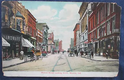 1910 Muncie Indiana Walnut Street Postcard & Cancel • $4.50