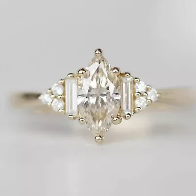 10K Yellow Gold Marquise Created Cluster Engagement Ring Baguette Round Ring • $136