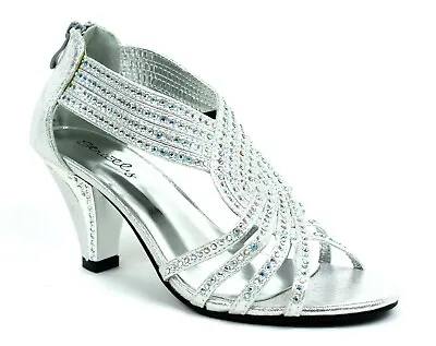 £19.95 • Buy Ladies BLOCK HEEL Diamante Peep Toe BACK ZIP UP Smart PARTY Sandals UK Sizes 3-8