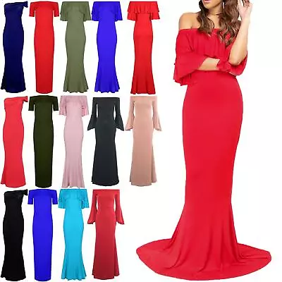 Ladies Peplum Frill Bardot Mermaid Fishtail Evening Party Womens Long Maxi Dress • £6.49