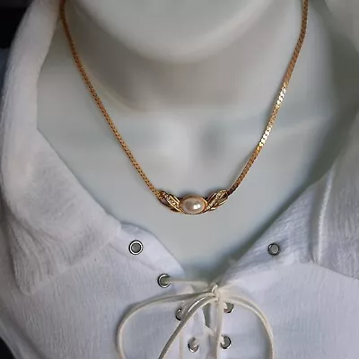 Faux Mabe Pearl & Rhinestone Gold Tone Necklace Excellent • $12