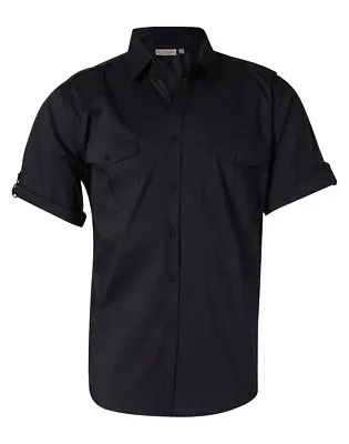 Benchmark Men's Short Sleeve Military Shirt Removable Epaulets  Cotton Blend • £20.54
