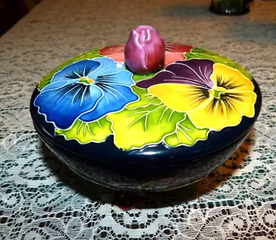 J McCall Blue Sky Candy Dish & Lid  Icing On The Cake  Pansy Blue Pink Yellow • $21.95