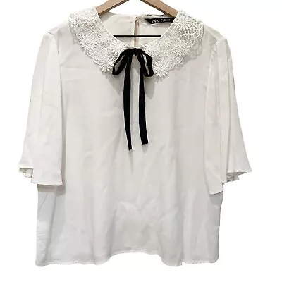 Zara White Blouse Black Neck Tie Short Sleeve Workwear Women Large Collared • $24.99