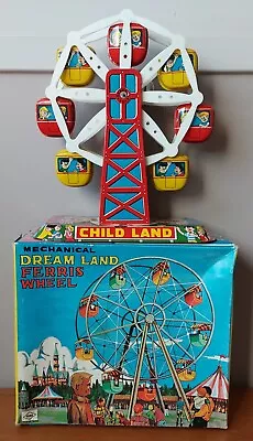 Vintage Wind Up Tin Toy Mechanical Dream Land Ferris Wheel & Box Works Yone • $175