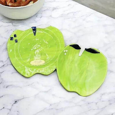 Mid Century Modern Green Apple Fused Glass Plate And Bowl Signed • $27.99