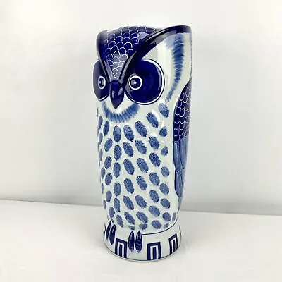 Owl Umbrella Stand Cane Hiking Stick Holder Big Vase 19.5  White Blue Ceramic • $102.29