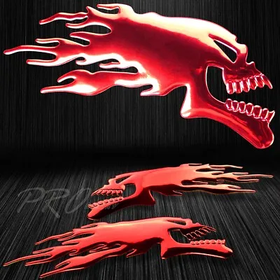 $12.88 • Buy 6 X 2.25  Raised Vinyl Emblem Decal Logo Sticker Fire Skull Skeleton Chrome Red
