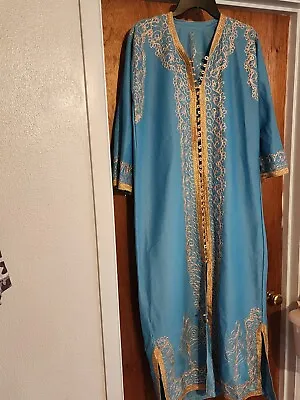 RARE VTG Blue Gold Embroidered Kaftan ORNATE Church Robe Dress Muumuu Caftan • $99.99