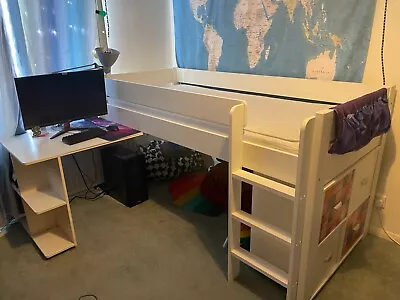 Stompa Mid Sleeper Raised Single Bed With Pull Out Desk & Cupboards • £25