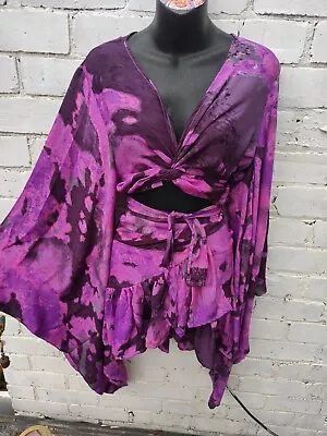 CO-ORD Tie Top Wrap Over Kimono Sleeve Free 70s People MATCHING BOHO Skirt • £50.50