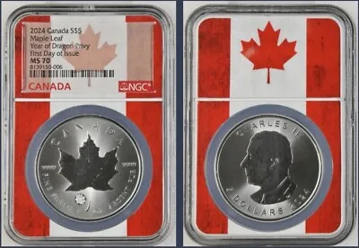 2024 RCM $5 1oz MAPLE LEAF YEAR OF THE DRAGON NGC MS70 FIRST DAY OF ISSUE POP 9 • $495