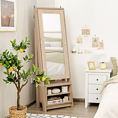 Costway Jewelry Cabinet Large Full Length Armoire Stand Mirror Organizer Natural • $189.99