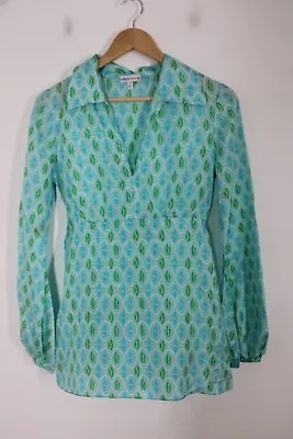 Allegra Hicks 4 Blue Green Pattern Silk Split Neck Tunic Top • $24