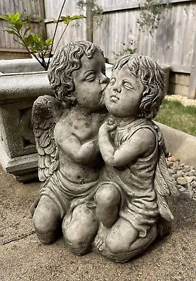 Kissing Cherubs Stone Statue |Cherub Boy Girl Outdoor Garden Ornament Decoration • £19.99