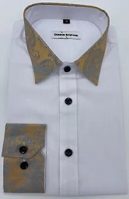 Dominic Stefano Mens Ls Shirt White Body Gold Paisley Cuff And Collar New • £19.99