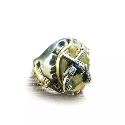 Mexican Biker Cross Guns Ring Silver 925 Brass Cowboy West Horse Skull Vintage • $85