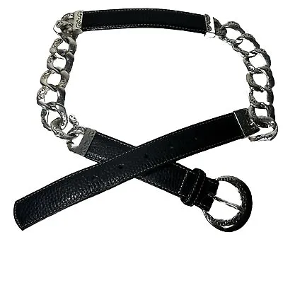 Brighton Women Black Pebbled Leather Belt Silver Tone Chain Sz M/30 Vintage • $30