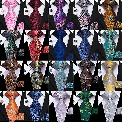 Extra Long Formal Mens Silk Tie Classic Paisley Striped Necktie Hanky Cufflinks • $15.15