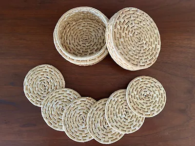 VTG Rattan Wicker Coasters Woven Basket Holder With Lid-Boho Tan Brown_Set Of 6 • $19.99