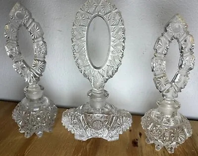3 Vintage Cut Glass Perfume Bottles With Stoppers 7 1/4 Inches Heavy Crystal • $59.25