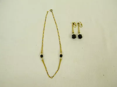 Vintage Simmons Black Crystal Beaded Necklace And Ear Rings Costume Jewelry  • $70.95