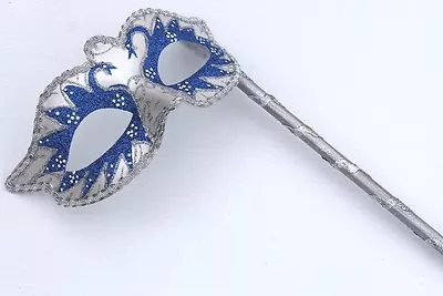 Blue & Silver   Hand Held Stick Venetian Carnival Ball Masquerade Party Eye Mask • £12.95