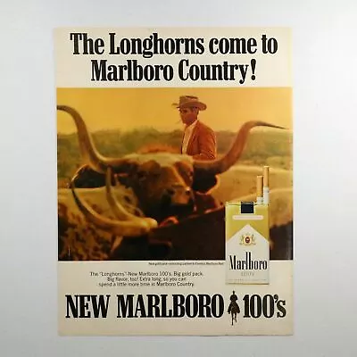 Vtg Marlboro 100s The Longhorn Gold Pack Cowboy Seagram's 7 Crown Print Ad • $12