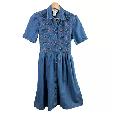 Vintage Denim Midi Shirt Dress Floral Embroider Pintuck Tie Waist 4P  • $29.99
