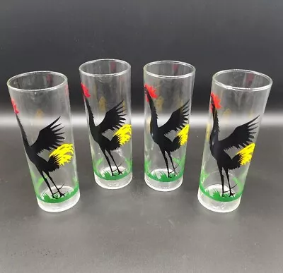 Set Of 4 Vtg MCM Federal Glass BLACK CROWING ROOSTER 6.75  Tall Tumbler Glasses • $49.99