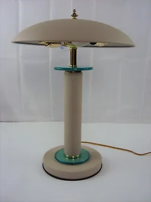 Vintage Mushroom Mcm Table Lamp With A Dome Shade White With Teal Accent  • $75