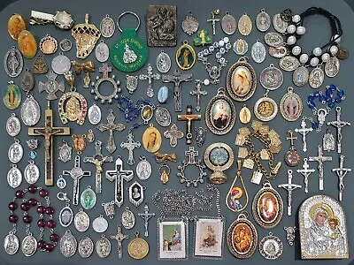 Huge Vintage - Now Lot Of Catholic Religious Medals Pins Pendants Crucifix &More • $43.69