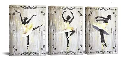 Dancing Ballerina Canvas On Woodframe Ballet Art 3 Pc Set 11.5x15  • $19.99