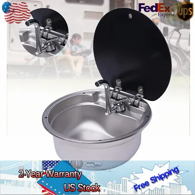 RV Hand Wash Basin Kitchen Sink W/ Lid & Tap Caravan Camper Boat Stainless Steel • $129.20