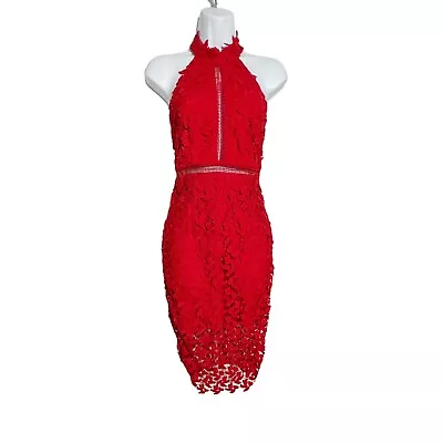 Bardot Women's Size 4 Gemma Lace Lined Low Back Mid Calf Halter Neck Dress Red • $99