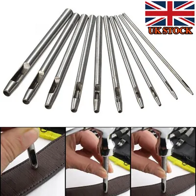 Heavy Duty 10 Piece Hollow Punch Set Cutting Hole Tool Maker Leather Belt Canvas • £6.95