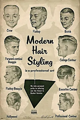 1956 Barbershop Barber Poster Vintage Ad Modern Hair Styling Chart Haircut Repro • $13.95